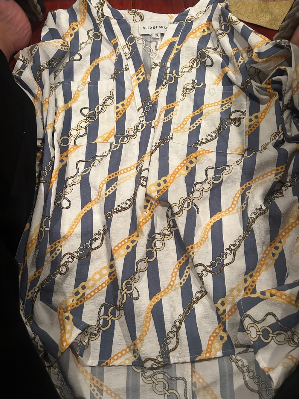 Woman’s  Striped Chain-Print Shirt - White, Navy & Gold